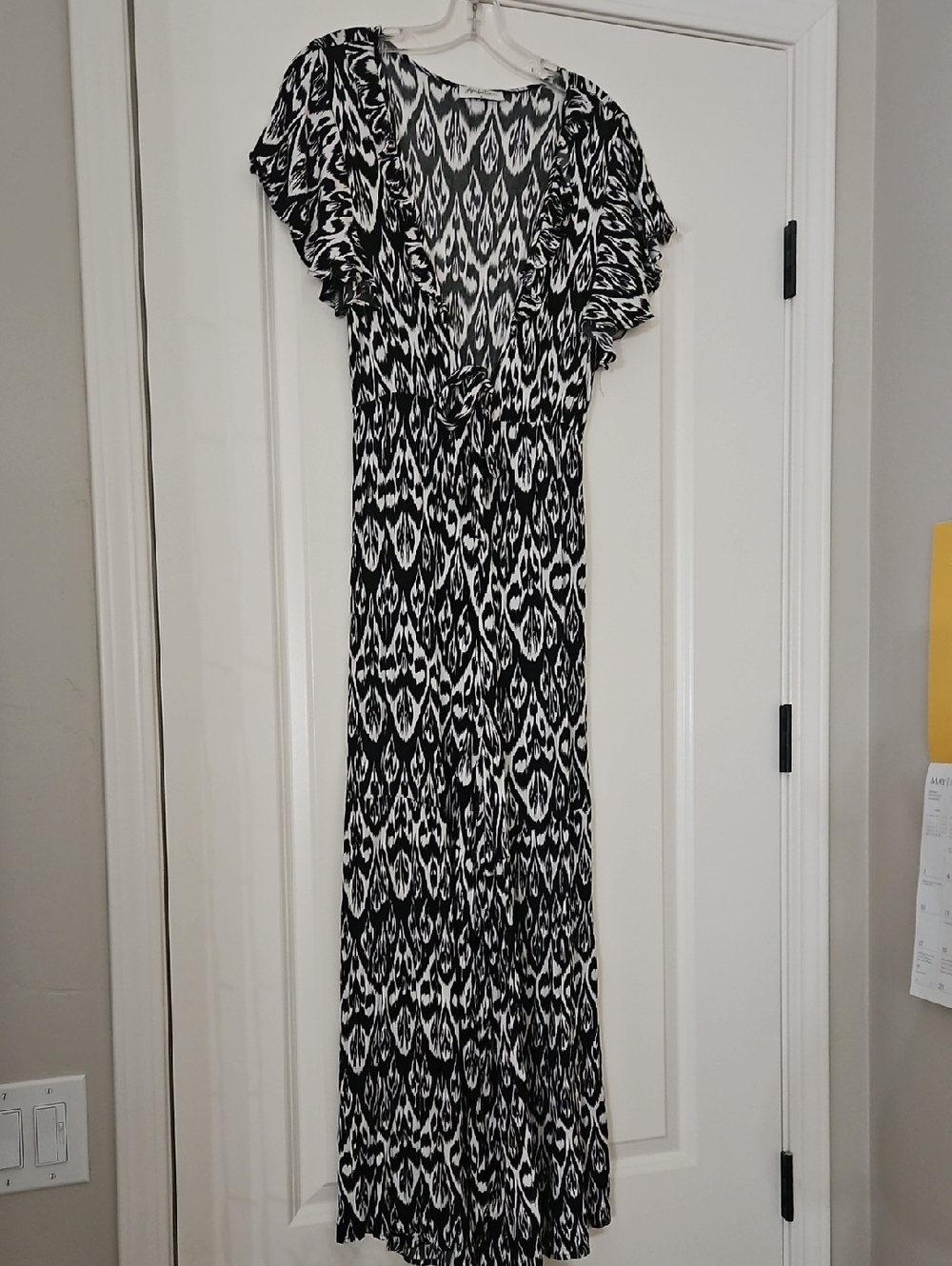 ambition Black and White Ikat Maxi Dress with Ruffle Sleeves